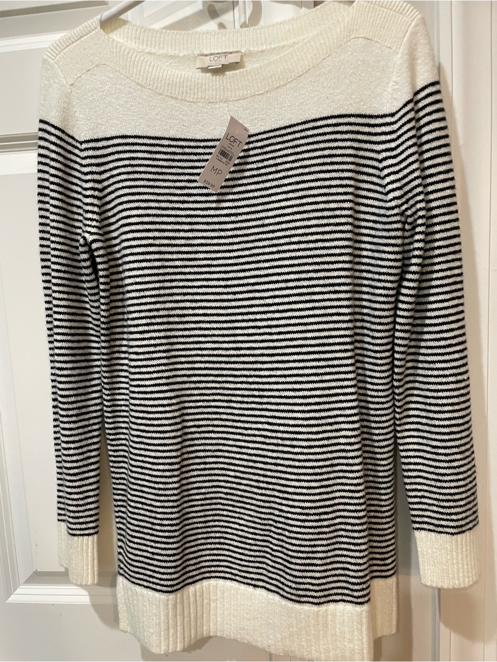 LOFT Black and Cream Striped Crewneck Sweater